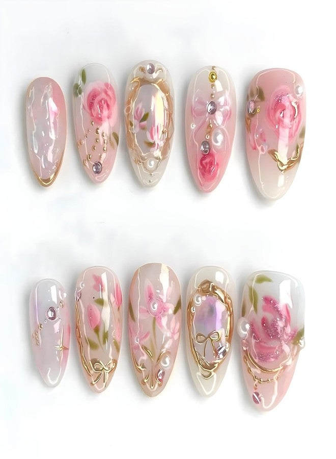 OSTTMA 24Pcs Pink Press on Nails Short Almond Fake Nails with 3D Flower Rhinestone Pearl Bow Design Rose Tulip Gold Gilding False Nails Full Cover Acrylic Nail Glossy Cute Floral Glue on Nails for Women - Image 1
